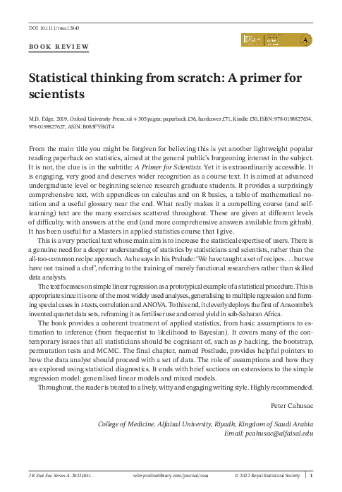 (PDF) Statistical thinking from scratch: A primer for scientists - Review