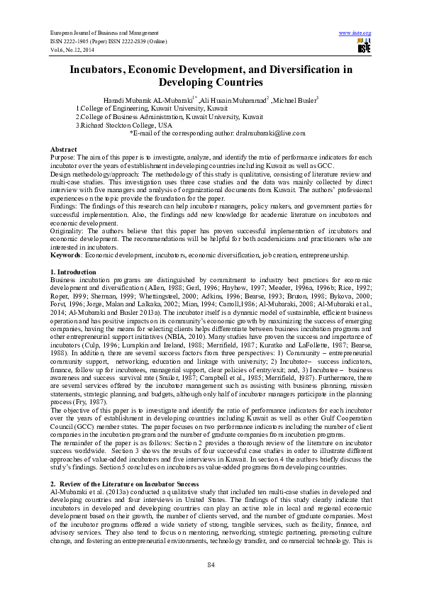 (PDF) Incubators, Economic Development, and Diversification in