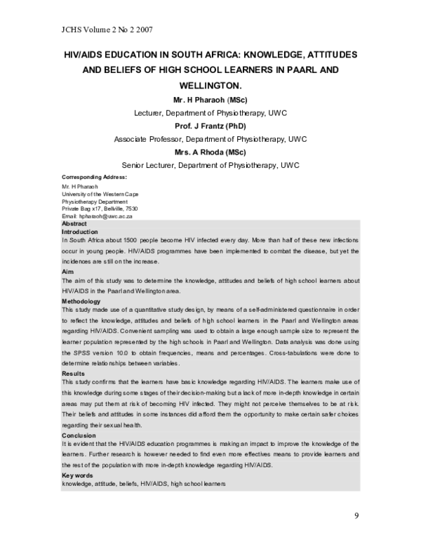 (PDF) HIV/AIDS education in South Africa: knowledge, attitudes and ...