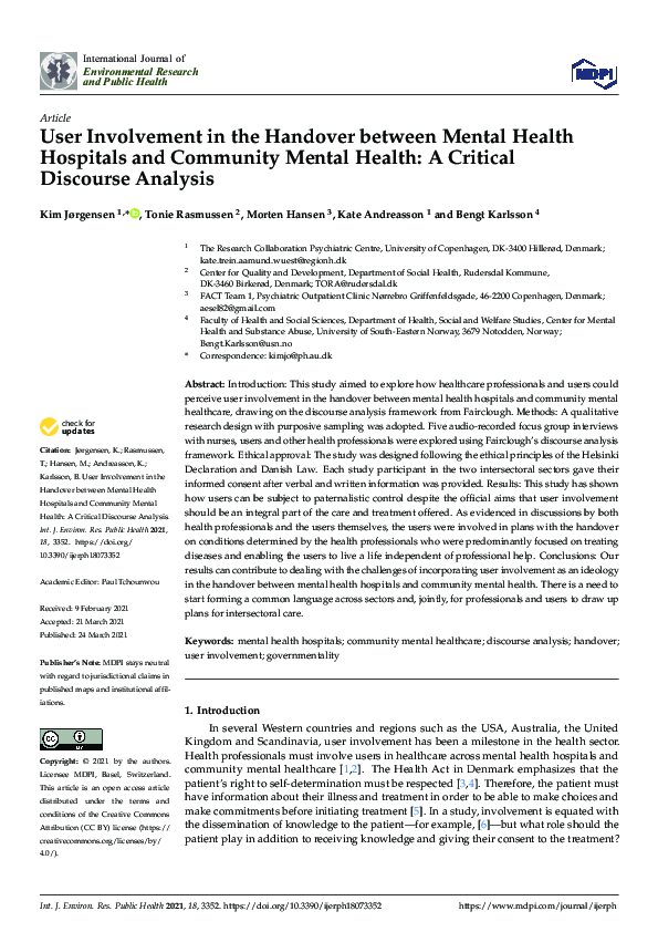 (PDF) User Involvement in the Handover between Mental Health Hospitals ...