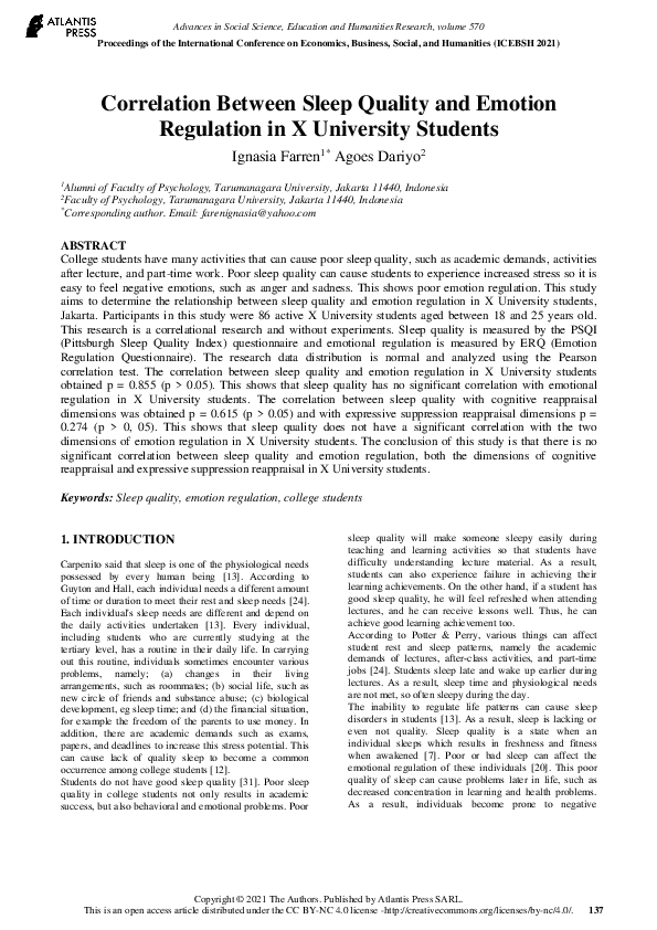 (PDF) Correlation Between Sleep Quality and Emotion Regulation in X ...