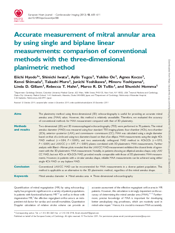 (PDF) Accurate measurement of mitral annular area by using single and ...