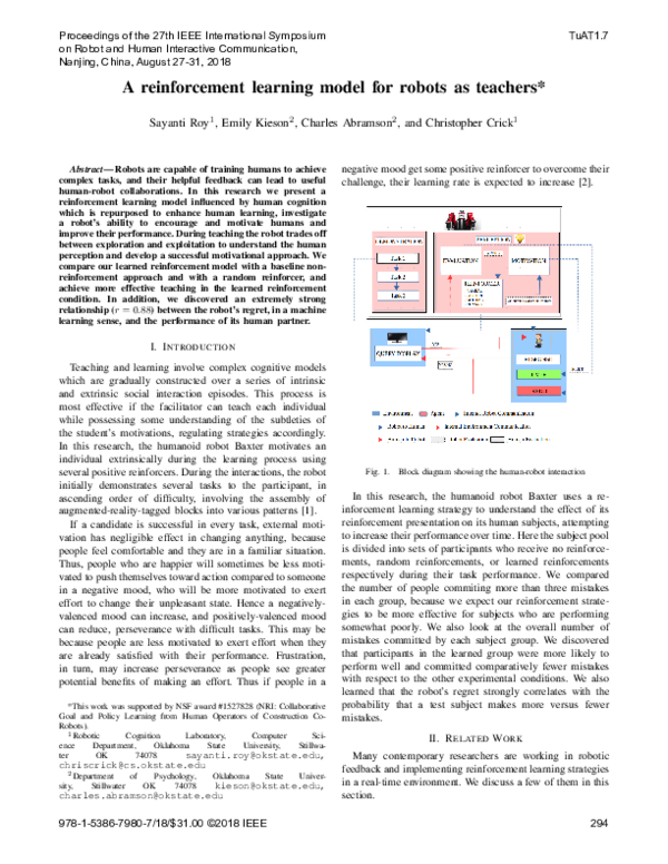 (PDF) A Reinforcement Learning Model for Robots as Teachers*