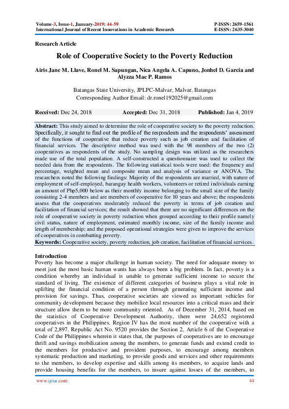 (PDF) Role of Cooperative Society to the Poverty Reduction