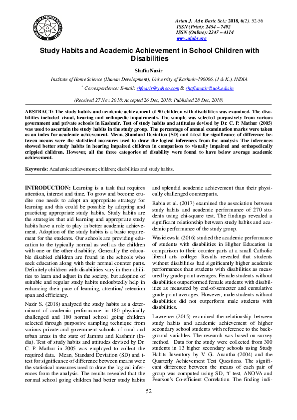 (PDF) Study Habits and Academic Achievement in School Children