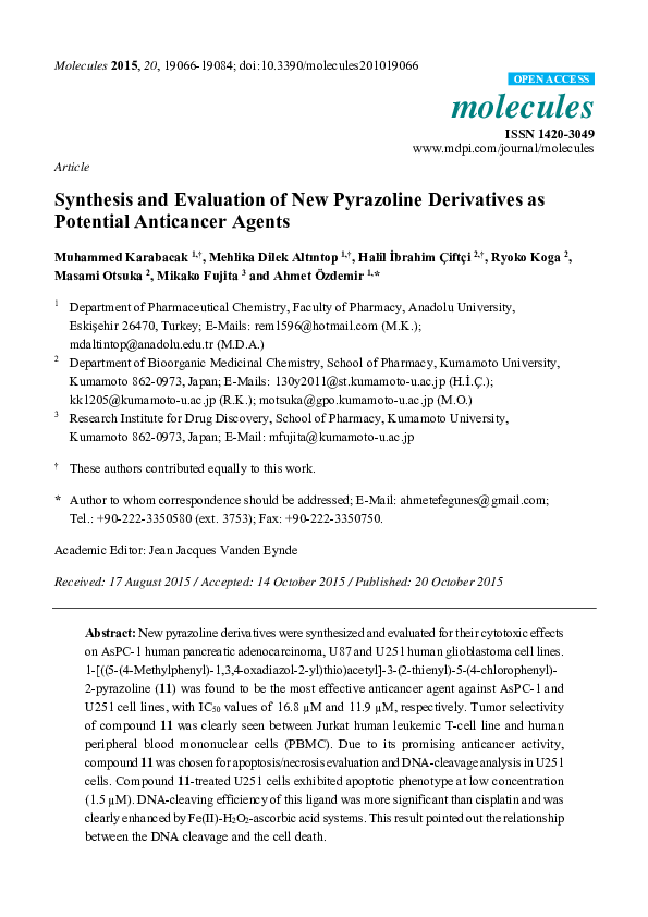(PDF) Synthesis and Evaluation of New Pyrazoline Derivatives as ...