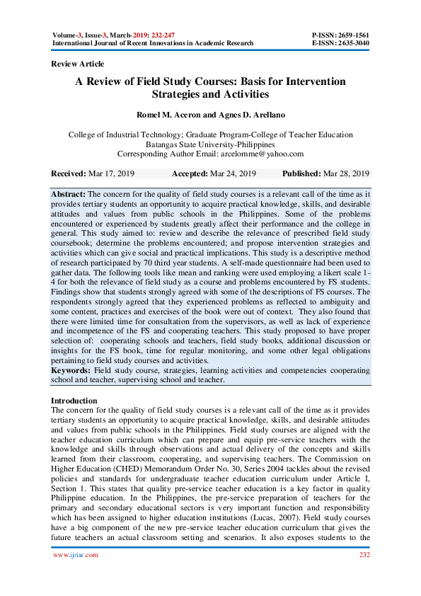 (PDF) A Review of Field Study Courses Basis for Intervention Strategies and Activities