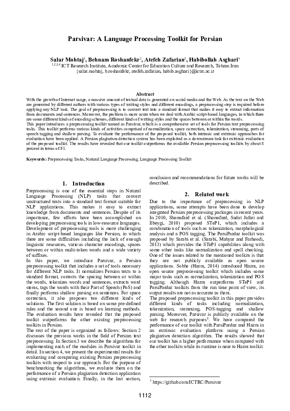 (PDF) Parsivar: A Language Processing Toolkit for Persian