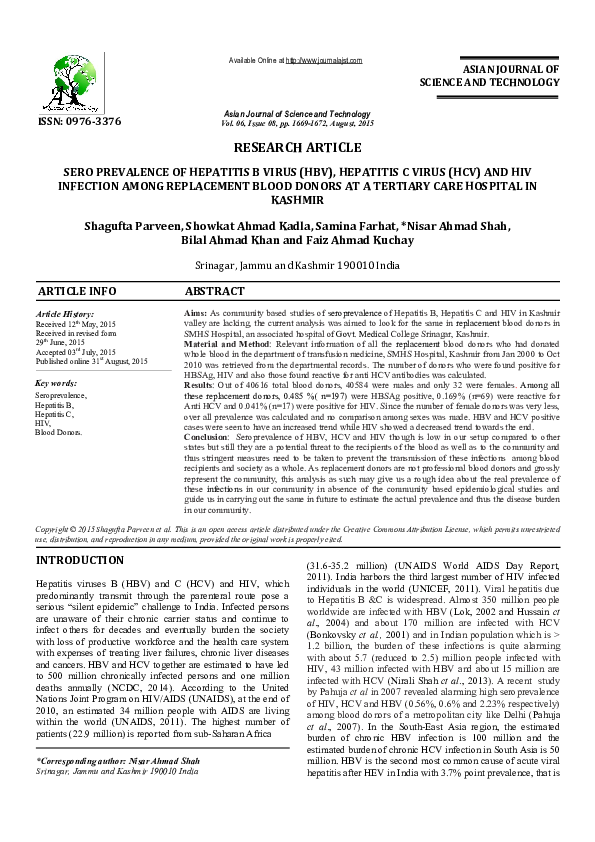 (PDF) Seroprevalence of Hepatitis B Virus (HBV), Hepatitis C Virus (HCV ...