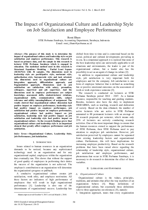 (PDF) The Impact of Organizational Culture and Leadership Style on Job ...