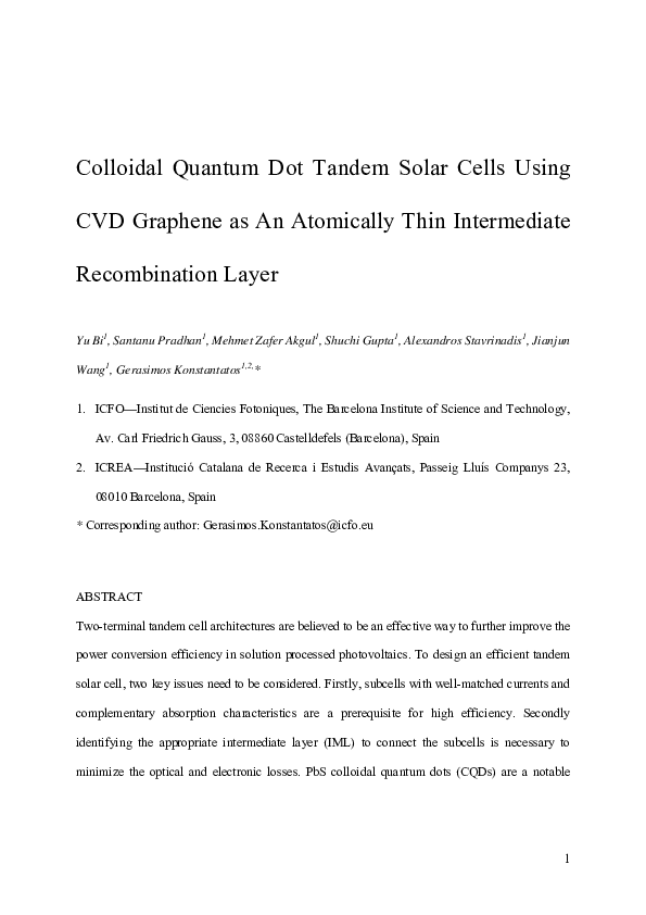 (PDF) Colloidal Quantum Dot Tandem Solar Cells Using Chemical Vapor ...