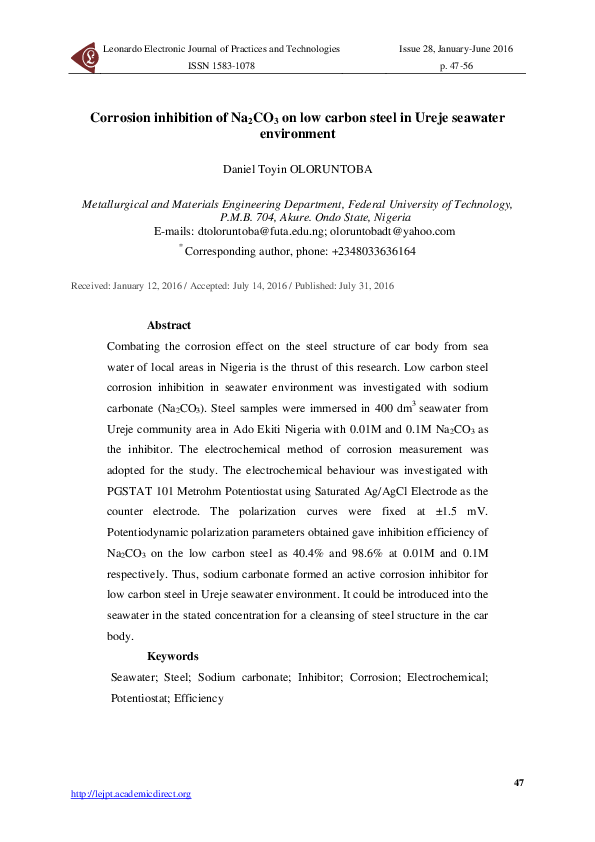 (PDF) Corrosion inhibition of Na2CO3 on low carbon steel in Ureje ...