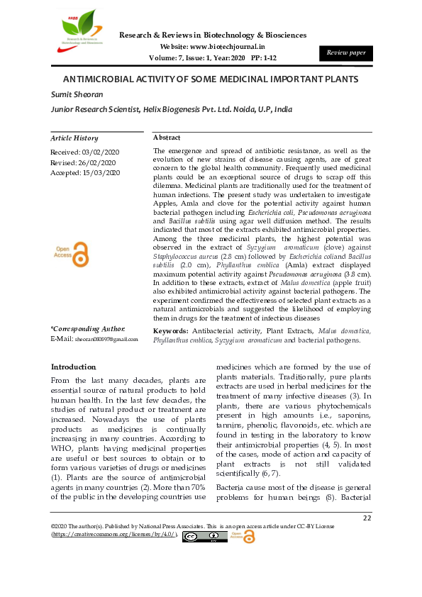 (PDF) Antimicrobial Activity of Some Medicinal Important Plants