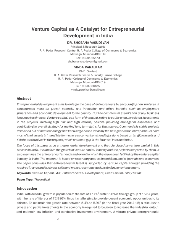 (PDF) Venture Capital as A Catalyst for Entrepreneurial Development in ...