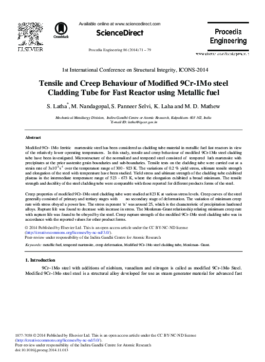 (PDF) Tensile and Creep Behaviour of Modified 9Cr-1Mo Steel Cladding ...