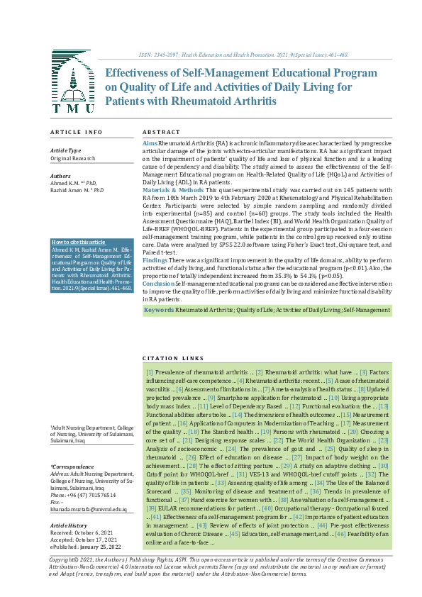 (PDF) Effectiveness of Self-Management Educational Program on Quality ...
