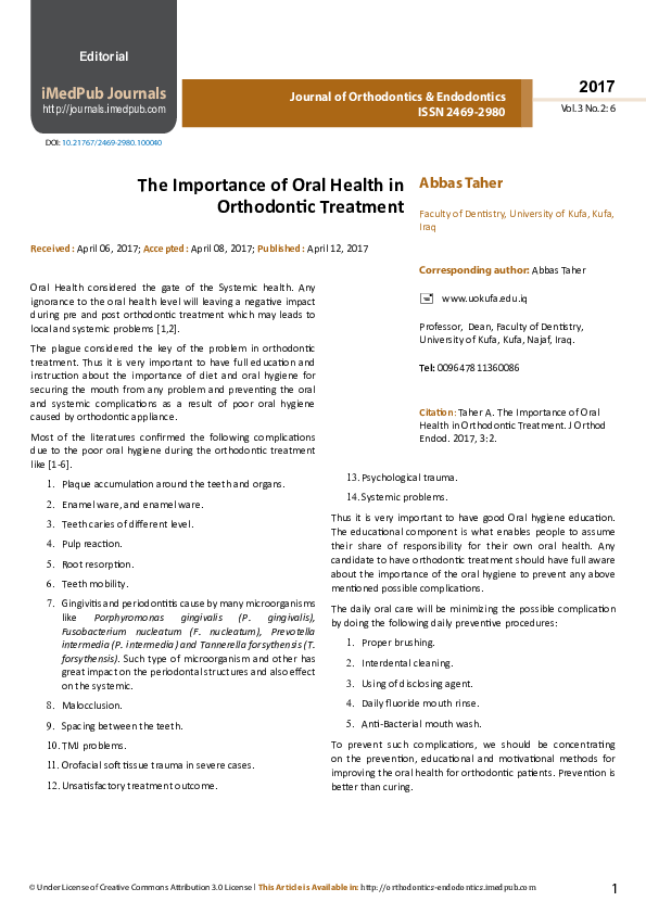 (PDF) The Importance of Oral Health in Orthodontic Treatment