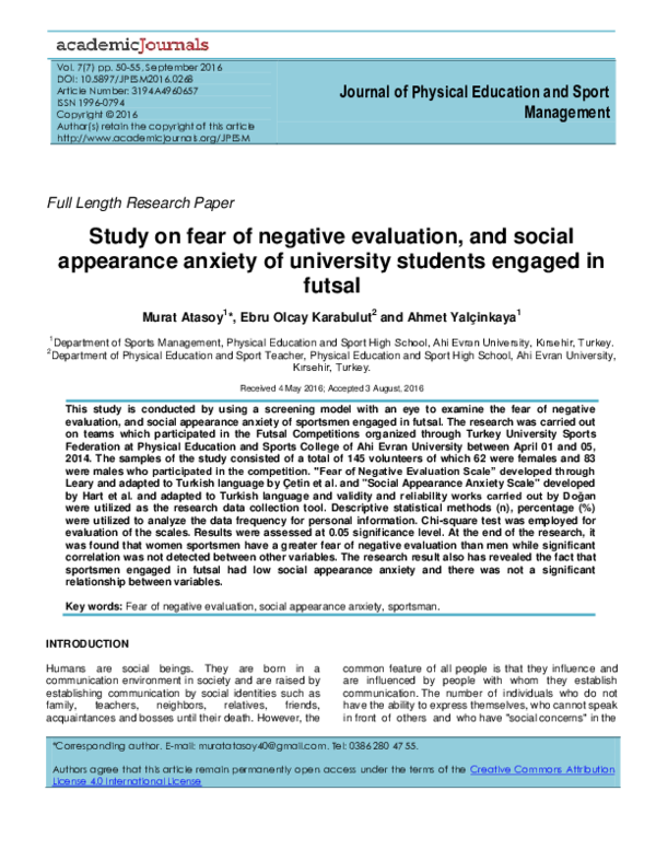 (PDF) Social appearance anxiety and fear of negative evaluation in