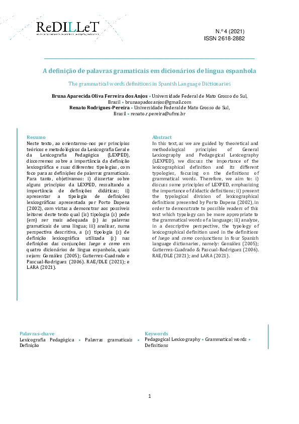(PDF) A definição de palavras gramaticais em dicionários de língua ...