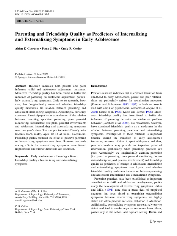 (PDF) Parenting and Friendship Quality as Predictors of Internalizing ...
