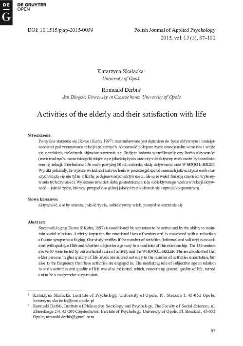 (PDF) Activities of the elderly and their satisfaction with life