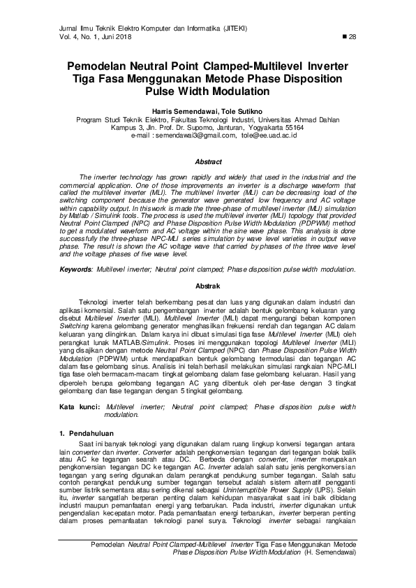 (PDF) Neutral Point Clamped Multilevel Inverter Tiga Fasa Menggunakan ...