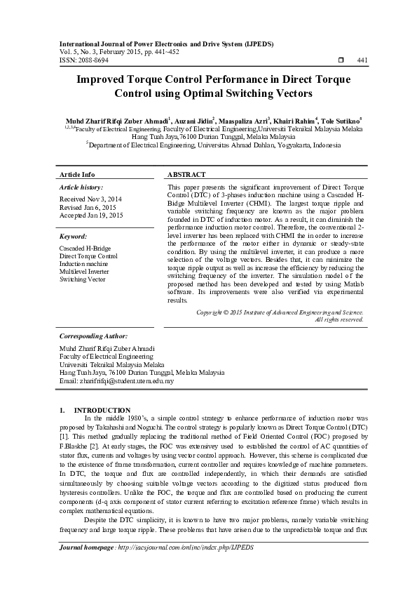 (PDF) Improved Torque Control Performance in Direct Torque Control ...