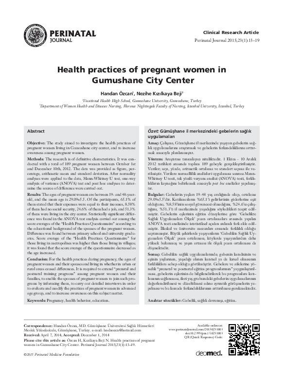 (PDF) Health practices of pregnant women in Gumushane City Center