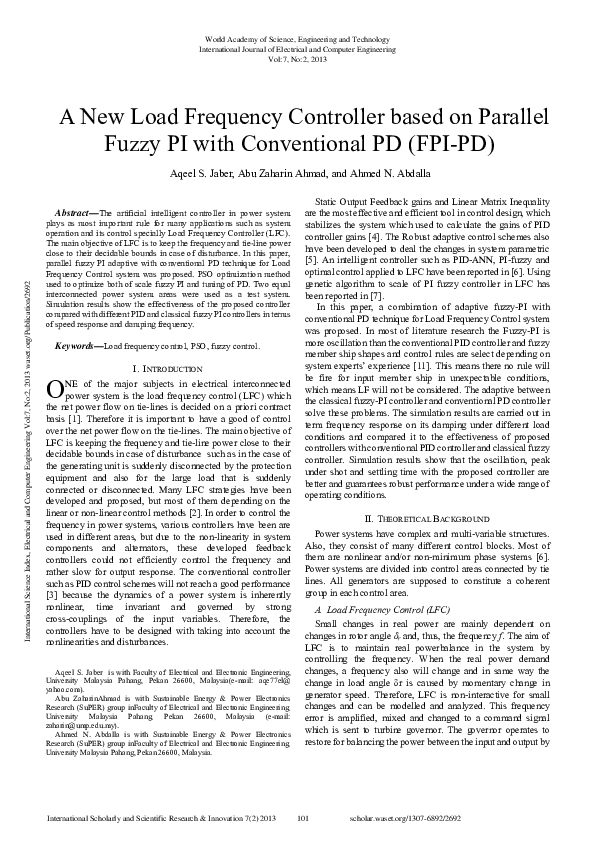 (PDF) A New Load Frequency Controller Based On Parallel Fuzzy Pi With ...