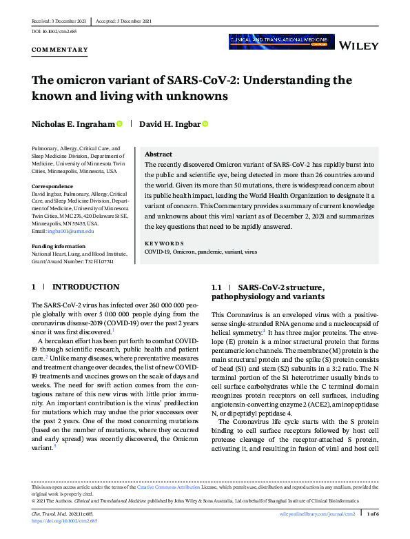 (PDF) The omicron variant of SARS‐CoV‐2: Understanding the known and ...