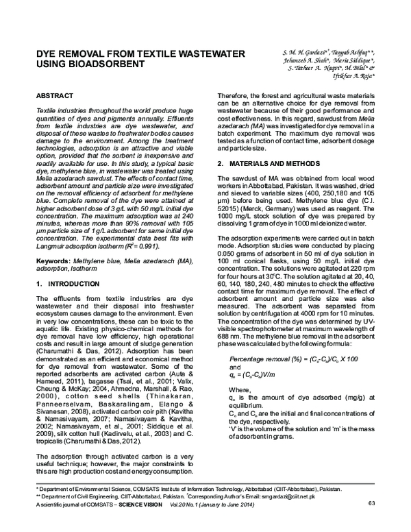 (PDF) Dye Removal from Textile Wastewater Using Bioadsorbent