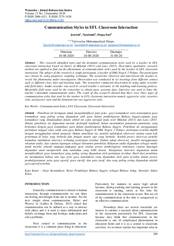 (PDF) Communication Styles in EFL Classroom Interaction