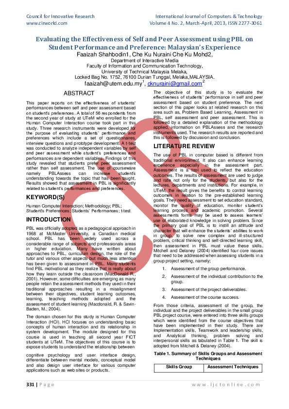 (PDF) Evaluating the Effectiveness of Self and Peer Assessment using ...