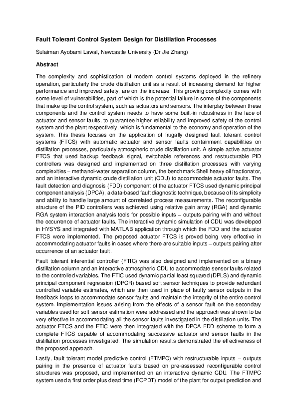 (PDF) Fault tolerant control system design for distillation processes