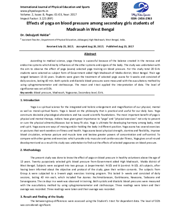 (PDF) Effects of yoga on blood pressure among secondary girls students ...
