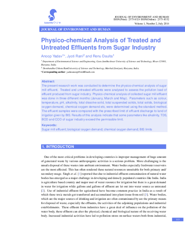 (PDF) Physico-chemical Analysis of Treated and Untreated Effluents from ...