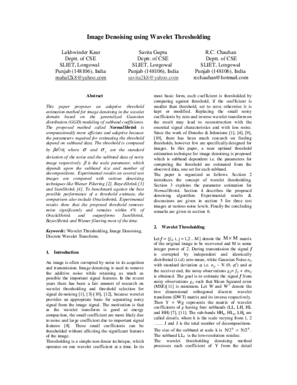 (PDF) Image denoising using wavelet thresholding