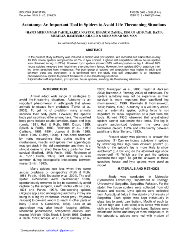 (PDF) Autotomy: An Important Tool in Spiders to Avoid Life Threatening ...