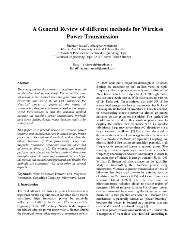 (PDF) A General Review of different methods for Wireless Power Transmission