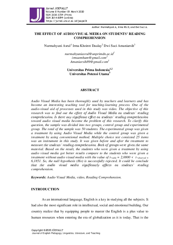 (PDF) The Effect of Audio Visual Media on Students’ Reading Comprehension Nurmahyuni Asrul