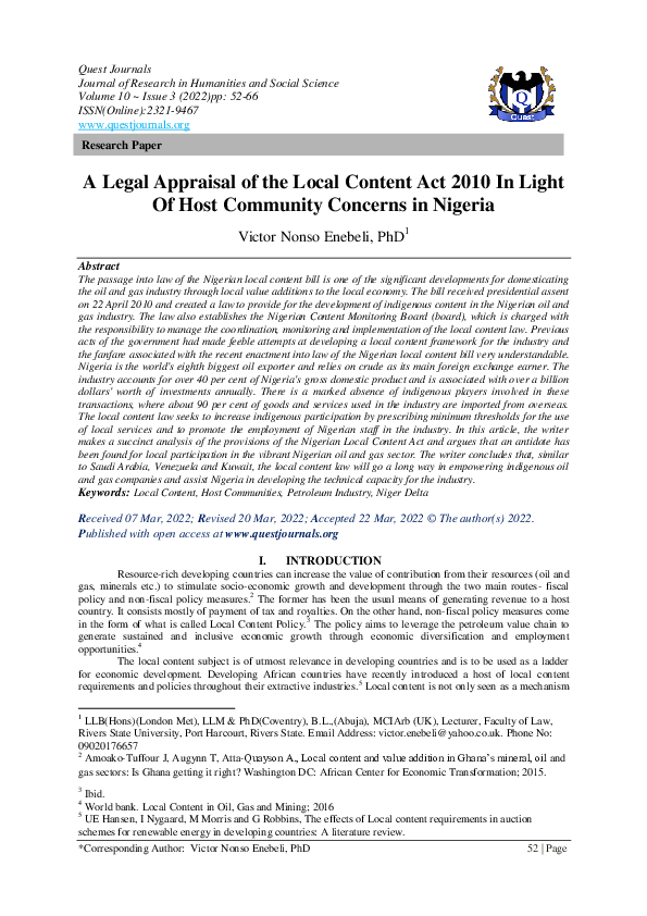 (PDF) A Legal Appraisal of the Local Content Act 2010 In Light Of Host ...