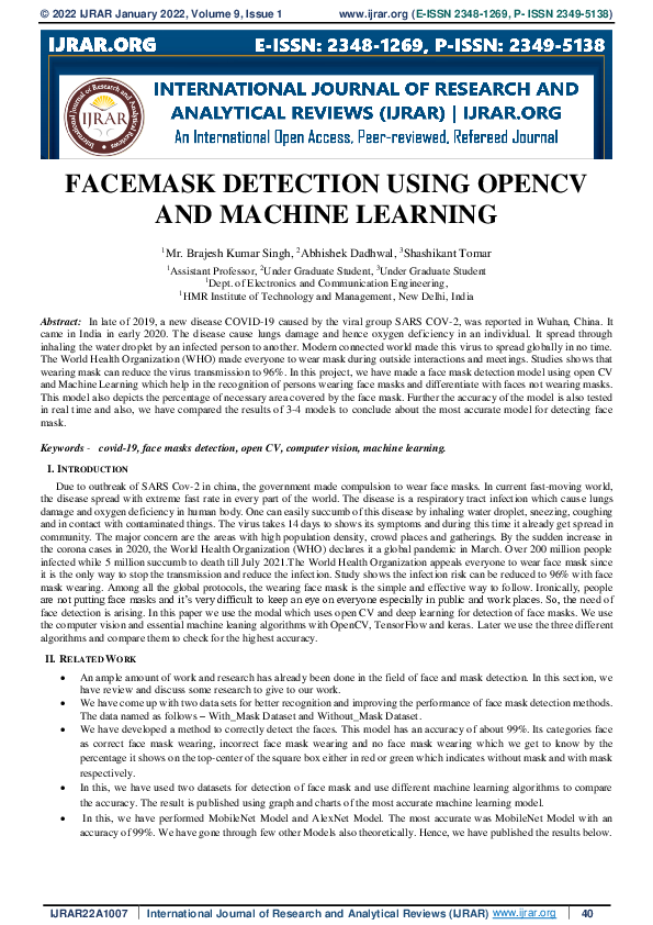 (PDF) Facemask Detection Using Opencv and Machine Learning