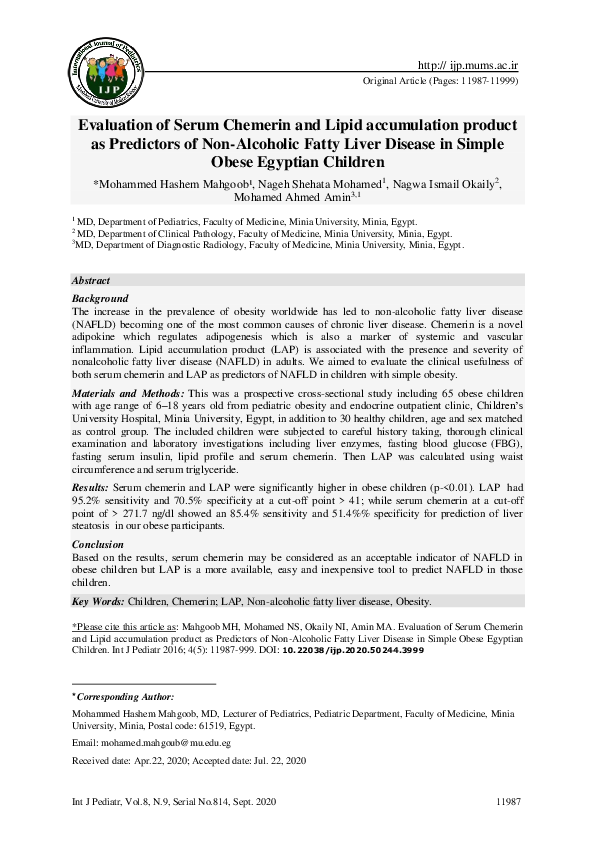 (PDF) Evaluation of Serum Chemerin and Lipid accumulation product as ...