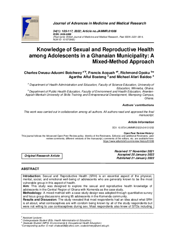(PDF) Knowledge of Sexual and Reproductive Health among Adolescents in ...