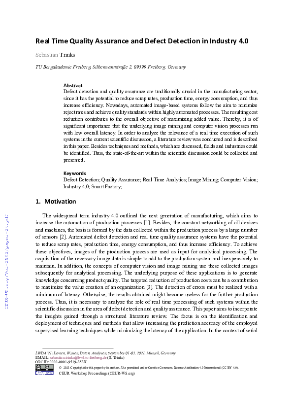 (PDF) Real Time Quality Assurance and Defect Detection in Industry 4.0