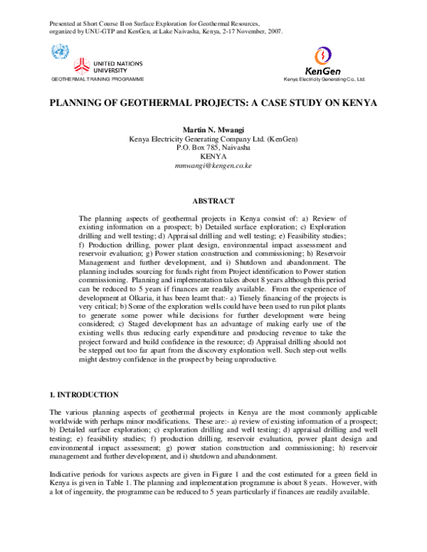 (PDF) Planning of geothermal projects : a case study on Kenya