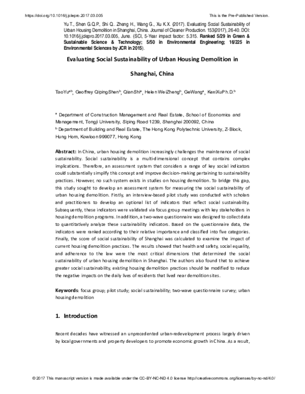 (PDF) Evaluating social sustainability of urban housing demolition in ...