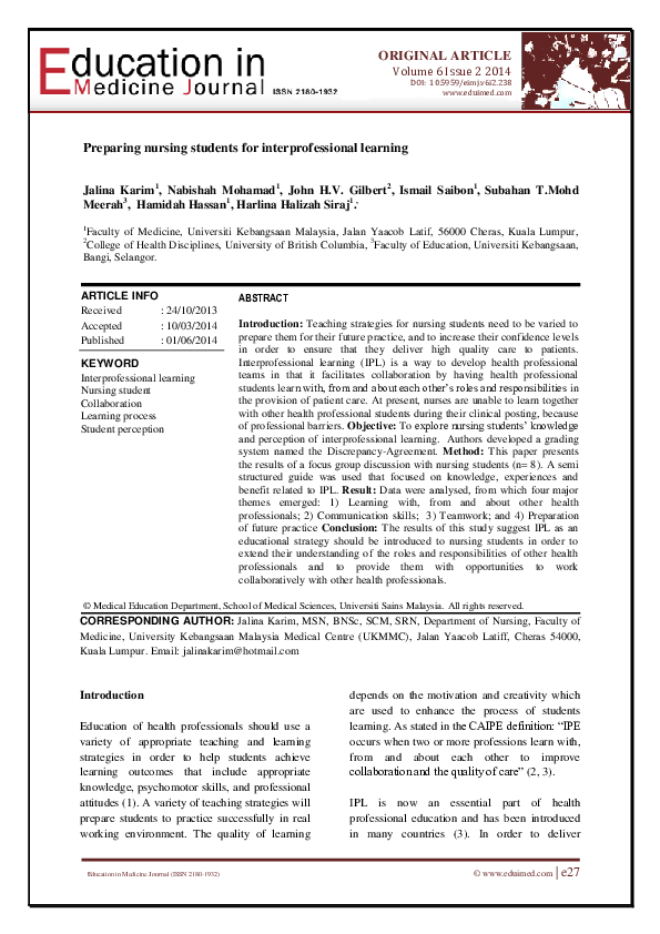 (PDF) Preparing nursing students for interprofessional learning