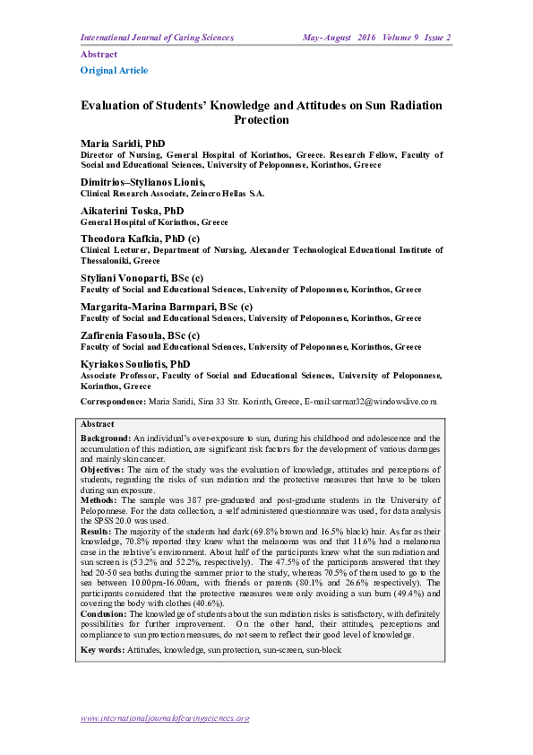 (PDF) Evaluation of Students ’ Knowledge and Attitudes on Sun Radiation ...