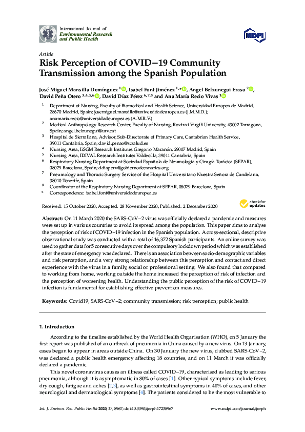(PDF) Risk Perception of COVID−19 Community Transmission among the ...